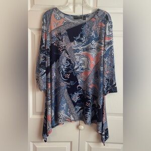 Attitudes By Renee Blue Paisley Print Bateau Neck Tunic Top Size Large